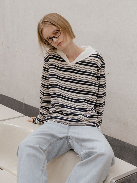 Tillidie Shawl collar stripe t-shirt Navy