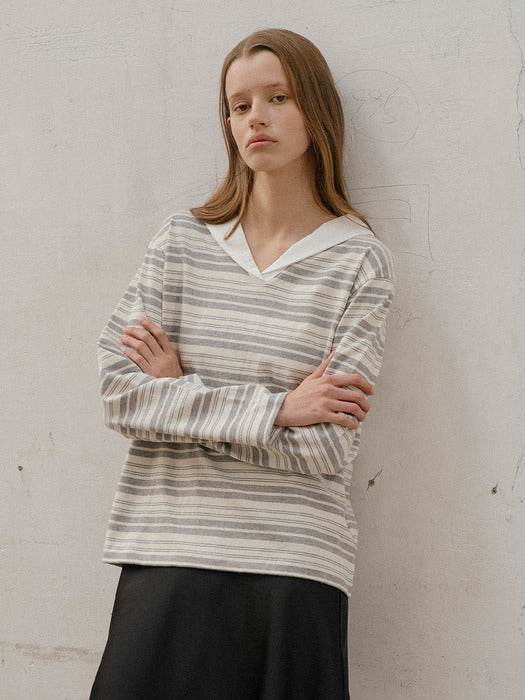 Tillidie Shawl collar stripe t-shirt Gray