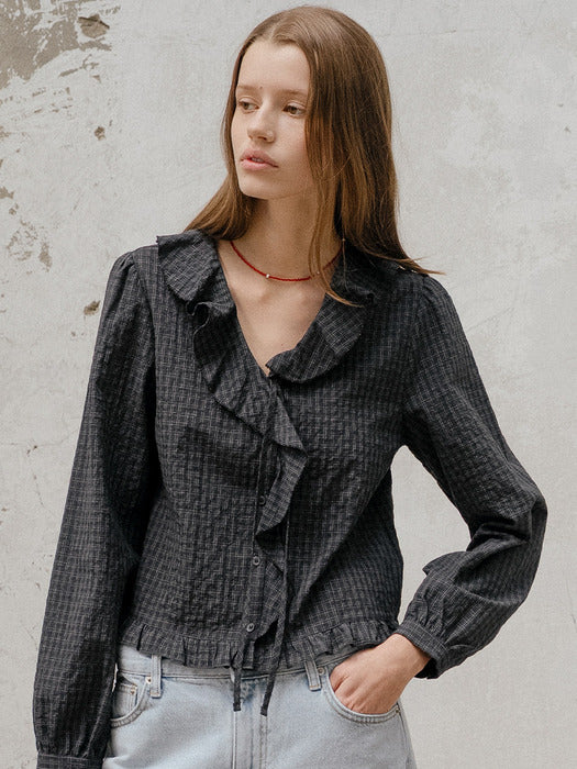 Tillidie Ruffle check tied blouse Black