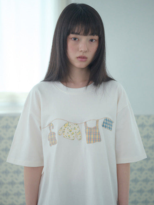 [ambler] A Clothes Line Applique T-Shirts AS1310 (Ivory)