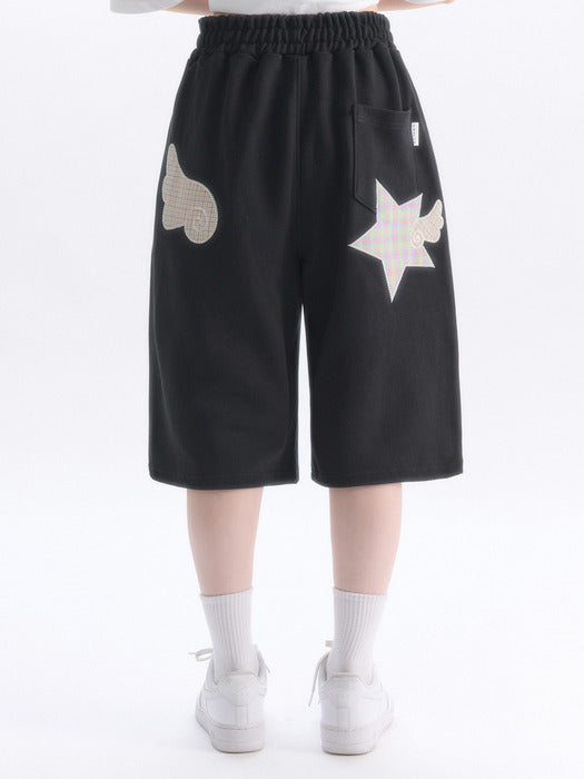 Ambler Angel Star Patch Bermuda Pants Sweat Short Pants (Black)