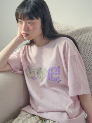 [ambler] Check Flower Applique T-Shirts AS1311 (Pink)