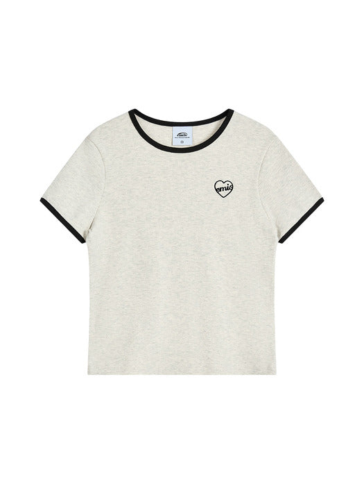 Emis (W) Heart Logo Ringer T-Shirt-Oatmeal Melange