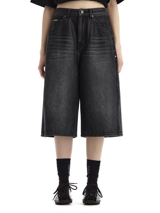 Wconcept_Treemingbird Rivet Coated Denim Bermuda [ Black ]