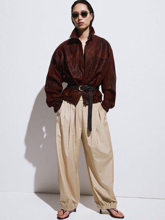 [recto] Vintage Effect Leather Jumper (Red Brown)