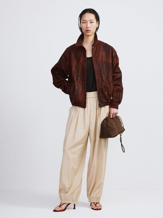 [recto] Vintage Effect Leather Jumper (Red Brown)