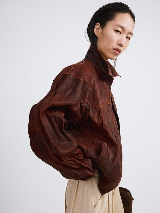 [recto] Vintage Effect Leather Jumper (Red Brown)