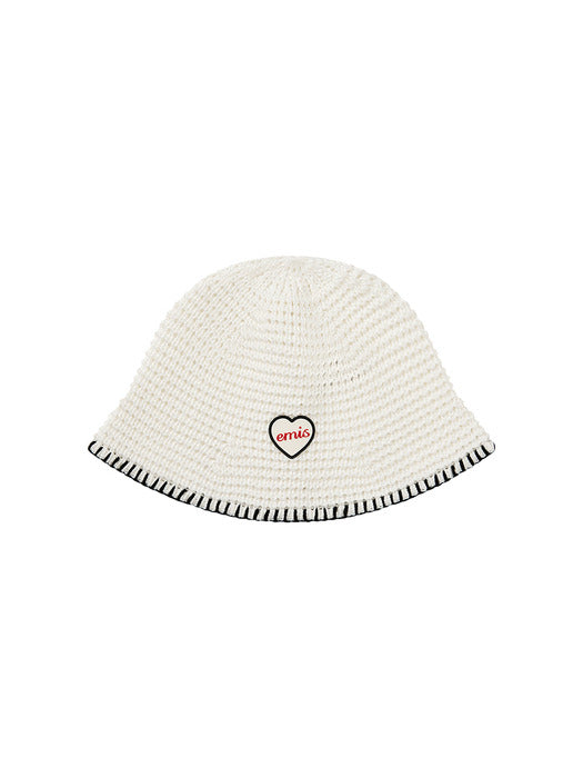 Emis Heart Rubber Patch Knit Bucket Hat-White