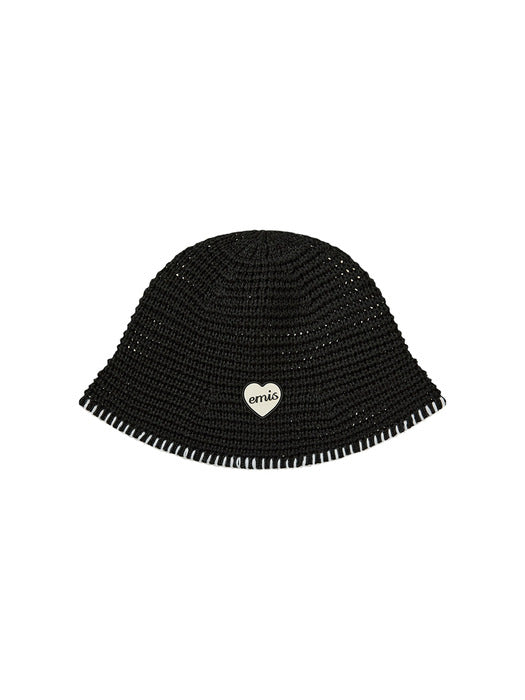 Emis Heart Rubber Patch Knit Bucket Hat-Black