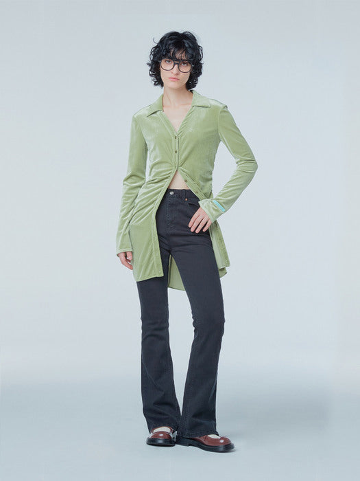 Instantfunk Open Collar Shirring Velvet Dress - Olive Green