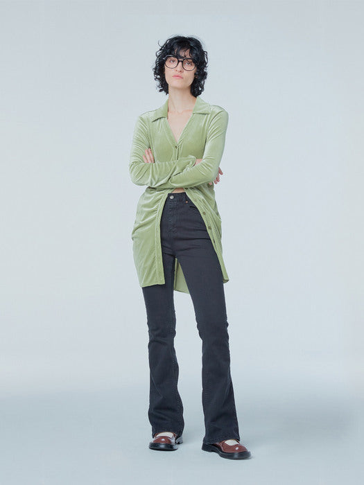 [Instantfunk] Open Collar Shirring Velvet Dress - Olive Green