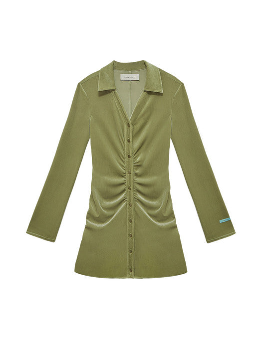 [Instantfunk] Open Collar Shirring Velvet Dress - Olive Green