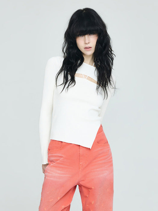 [Instantfunk] Ribbon Diagonal Knitwear - Ivory