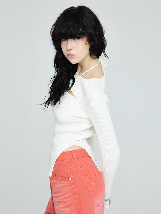[Instantfunk] Ribbon Diagonal Knitwear - Ivory