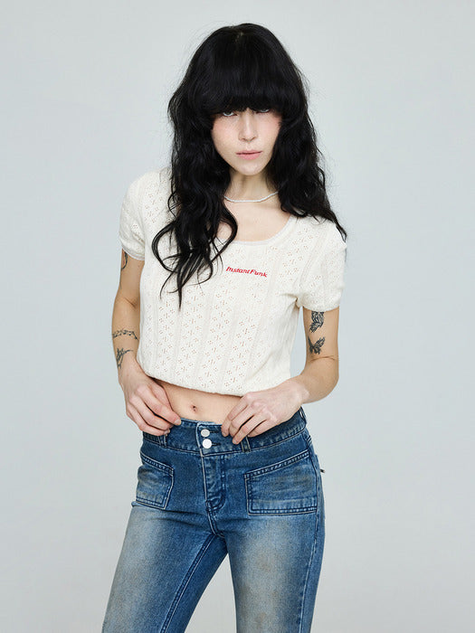 Instantfunk Embroidered Short-Sleeve Knitwear - Cream