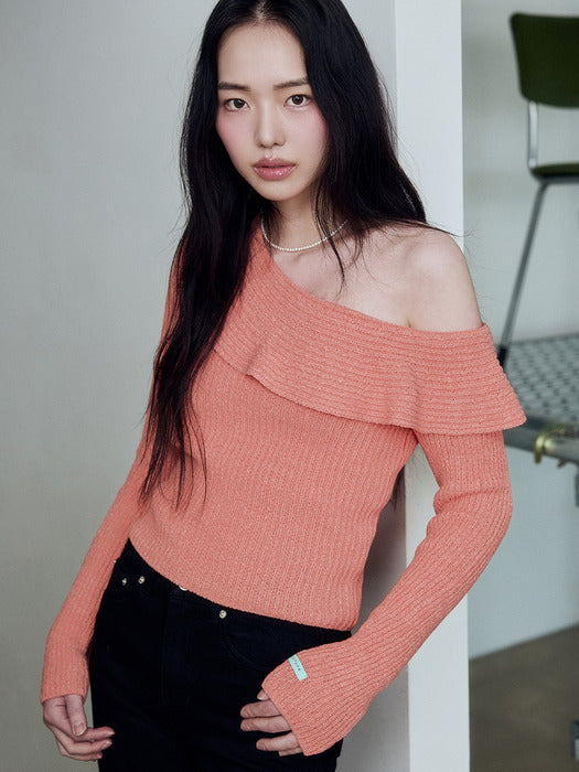 Instantfunk Frill Off-Shoulder Knitwear - Salmon