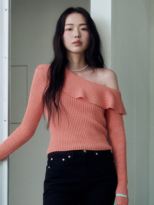 Instantfunk Frill Off-Shoulder Knitwear - Salmon