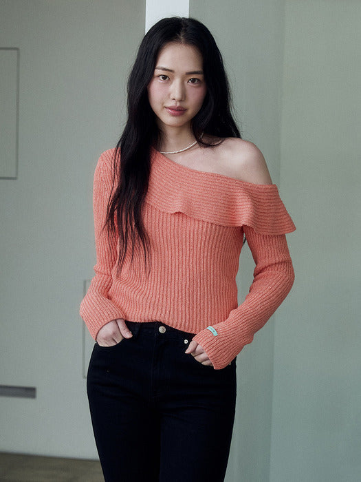 Instantfunk Frill Off-Shoulder Knitwear - Salmon