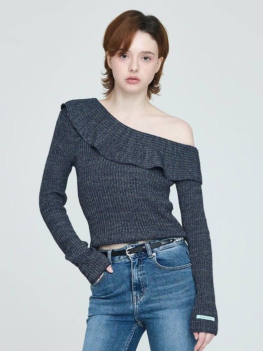 [Instantfunk] Frill Off-Shoulder Knitwear - Blue