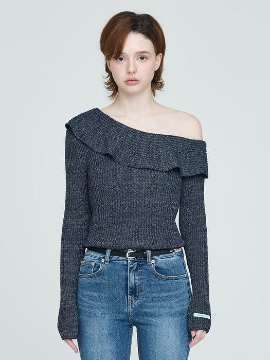[Instantfunk] Frill Off-Shoulder Knitwear - Blue