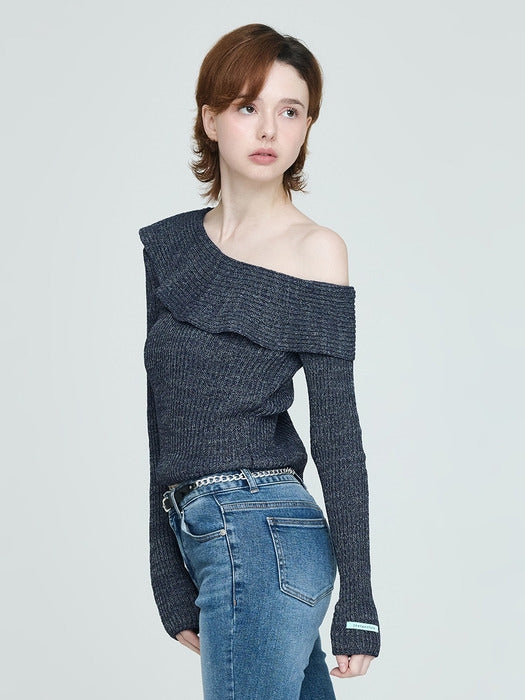 [Instantfunk] Frill Off-Shoulder Knitwear - Blue