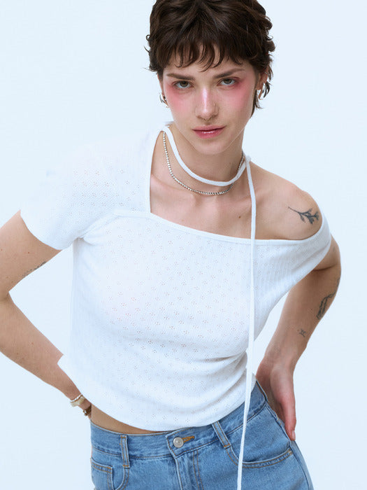 Instantfunk Ribbon One-Shoulder Short Sleeve Top - Ivory