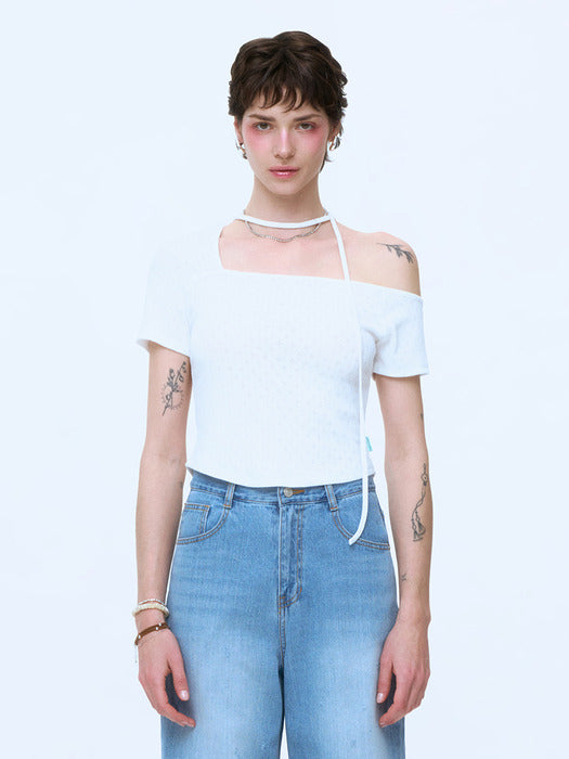 Instantfunk Ribbon One-Shoulder Short Sleeve Top - Ivory