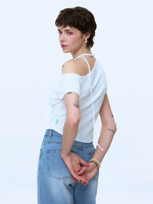 Instantfunk Ribbon One-Shoulder Short Sleeve Top - Ivory