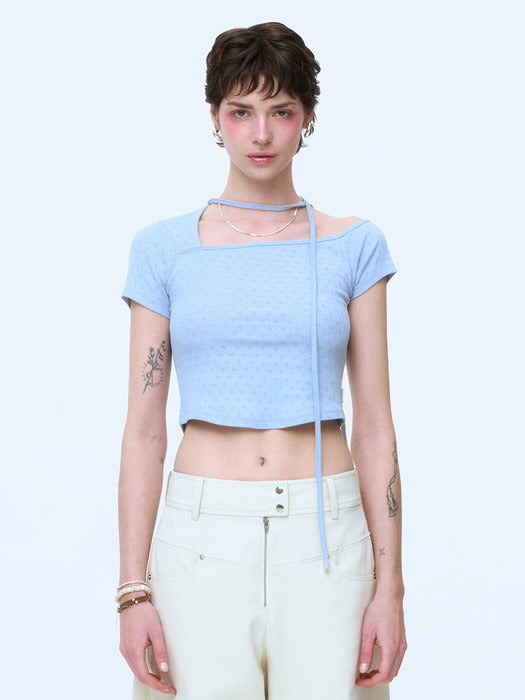 Instantfunk Ribbon One-Shoulder Short Sleeve Top - Light Blue