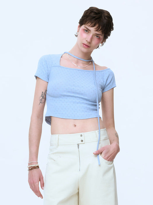 Instantfunk Ribbon One-Shoulder Short Sleeve Top - Light Blue