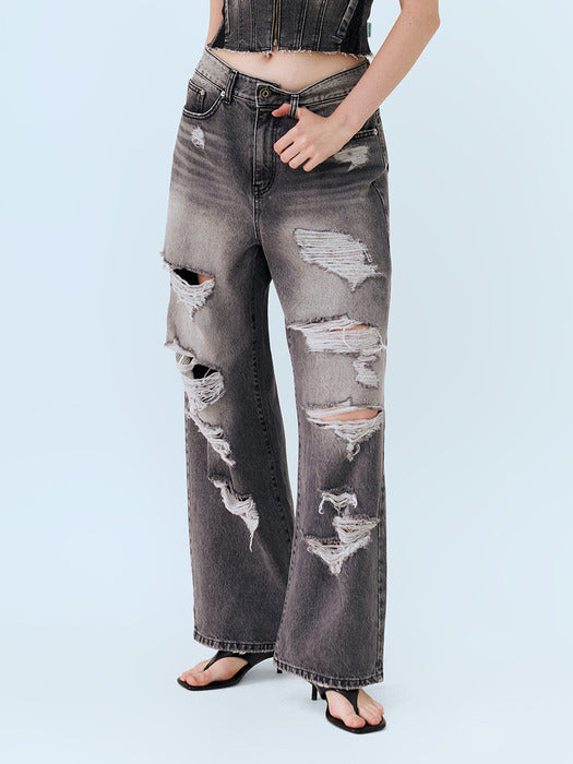 Instantfunk Damaged Wide Denim Pants - Black