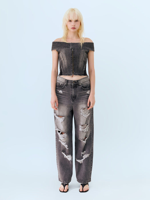 Instantfunk Damaged Wide Denim Pants - Black