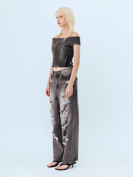 Instantfunk Damaged Wide Denim Pants - Black