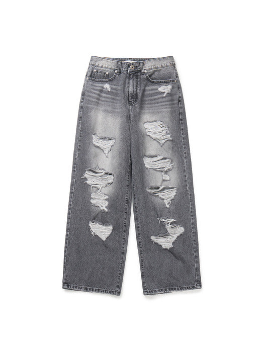 Instantfunk Damaged Wide Denim Pants - Black