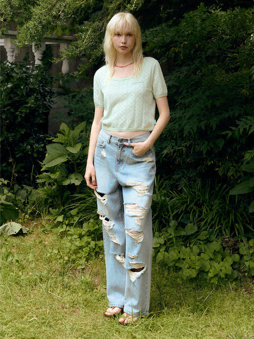 Instantfunk Damaged Wide Denim Pants - Light Blue