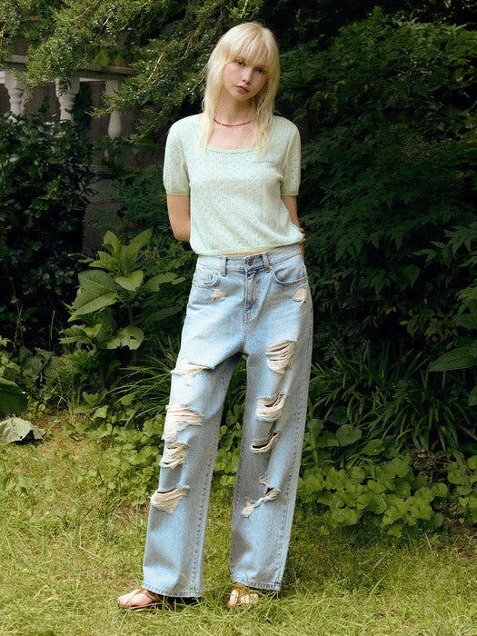 Instantfunk Damaged Wide Denim Pants - Light Blue