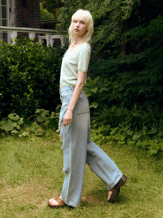 Instantfunk Damaged Wide Denim Pants - Light Blue