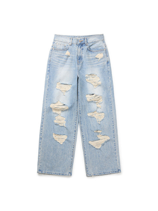 Instantfunk Damaged Wide Denim Pants - Light Blue