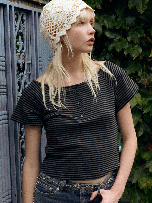 Instantfunk Stripe Button T-shirt - Charcoal