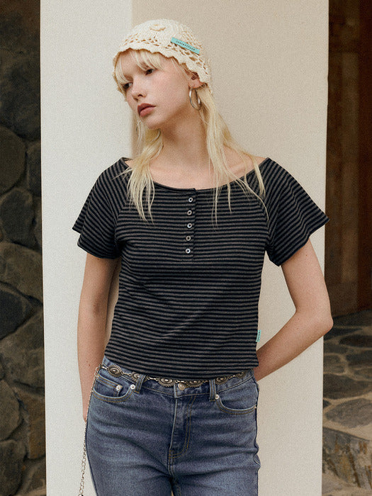 Instantfunk Stripe Button T-shirt - Charcoal