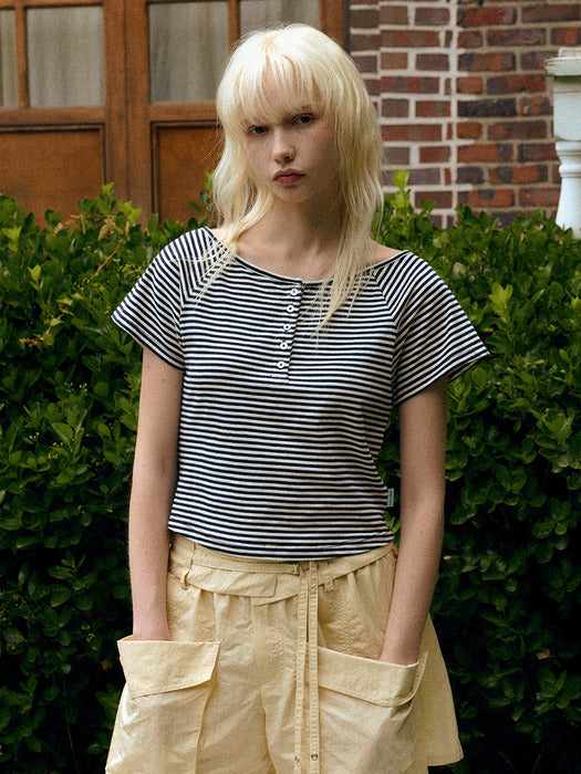 Instantfunk Stripe Button T-shirt - Navy