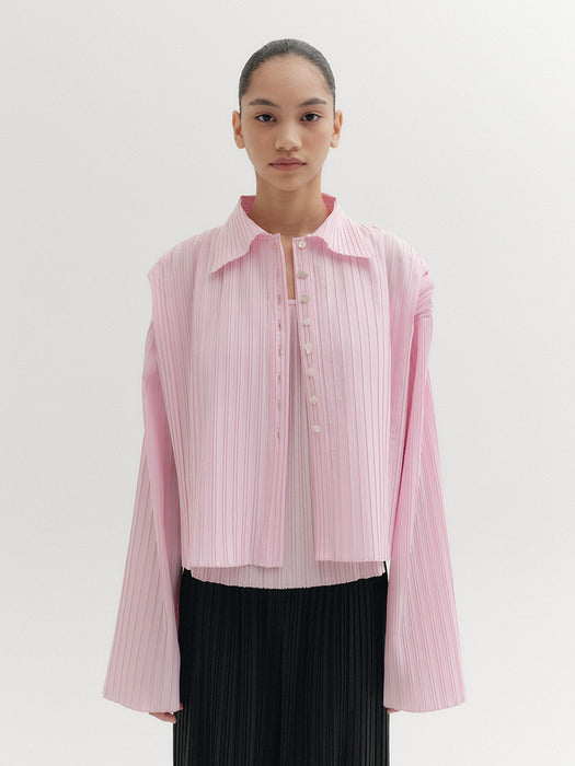 [EENK] Pleats Button Up Shirt - Pink