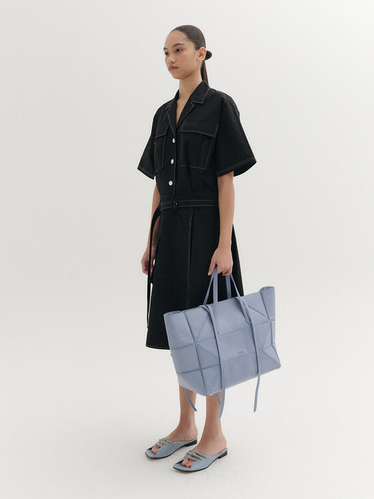 [EENK] Belted Low-Waist Shirt Dress - Black
