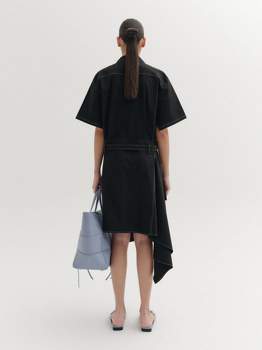 [EENK] Belted Low-Waist Shirt Dress - Black