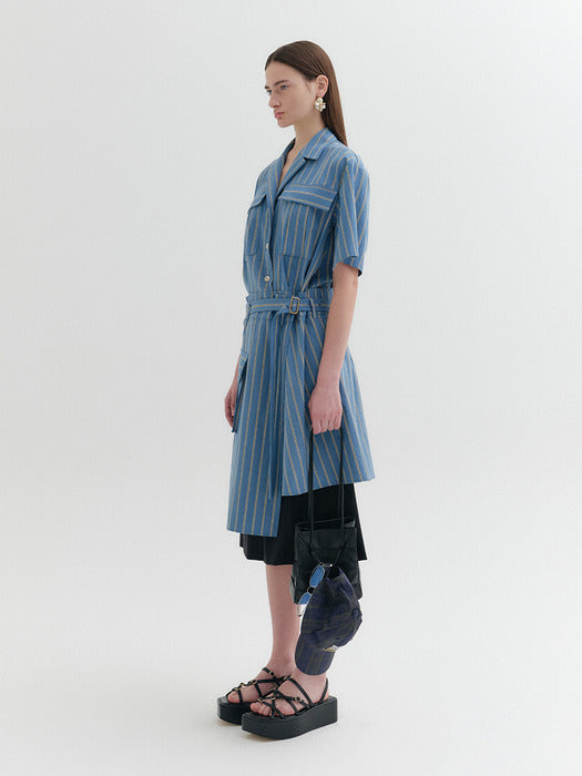 [EENK] Belted Low-Waist Shirt Dress - Blue
