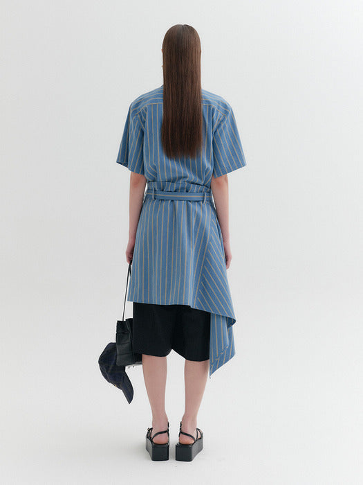 [EENK] Belted Low-Waist Shirt Dress - Blue