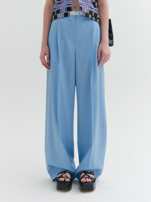 Eenk Waist Lettering Wide Pants - Light Blue