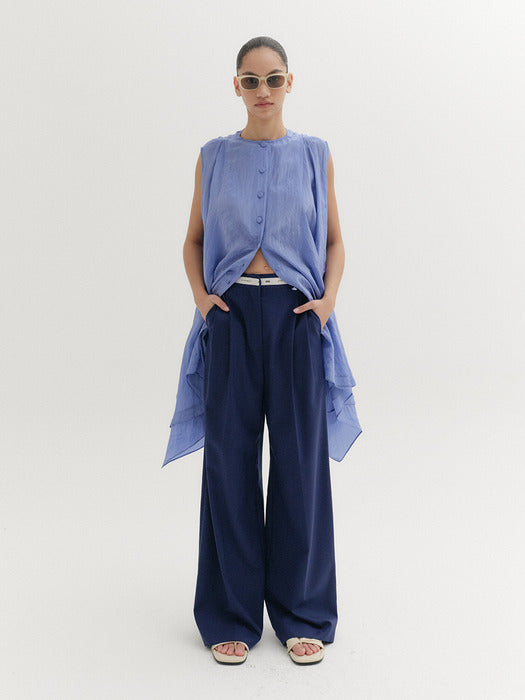 Eenk Waist Lettering Wide Pants - Navy