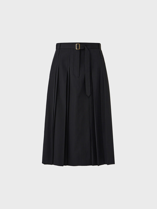Eenk Belted Pleated Midi Skirt - Black