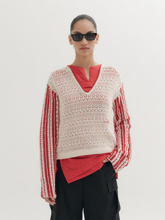 Eenk Contrast V-neck Pullover - Ivory